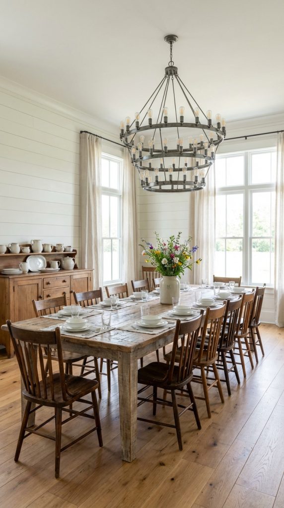 Large dining room idea featuring long reclaimed wood farmhouse table, spindle-back chairs, shiplap walls, wide plank floors, and industrial iron chandelier.