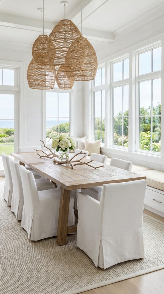 Large dining room idea showcasing long rustic timber table, white slipcovered chairs, jute rug, woven rattan pendants, and wraparound windows.