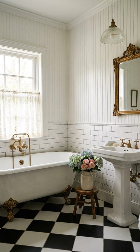 Vintage-inspired farmhouse bathroom idea featuring beadboard walls, subway tile, brass fixtures, clawfoot tub, pedestal sink, and checkered tile flooring.