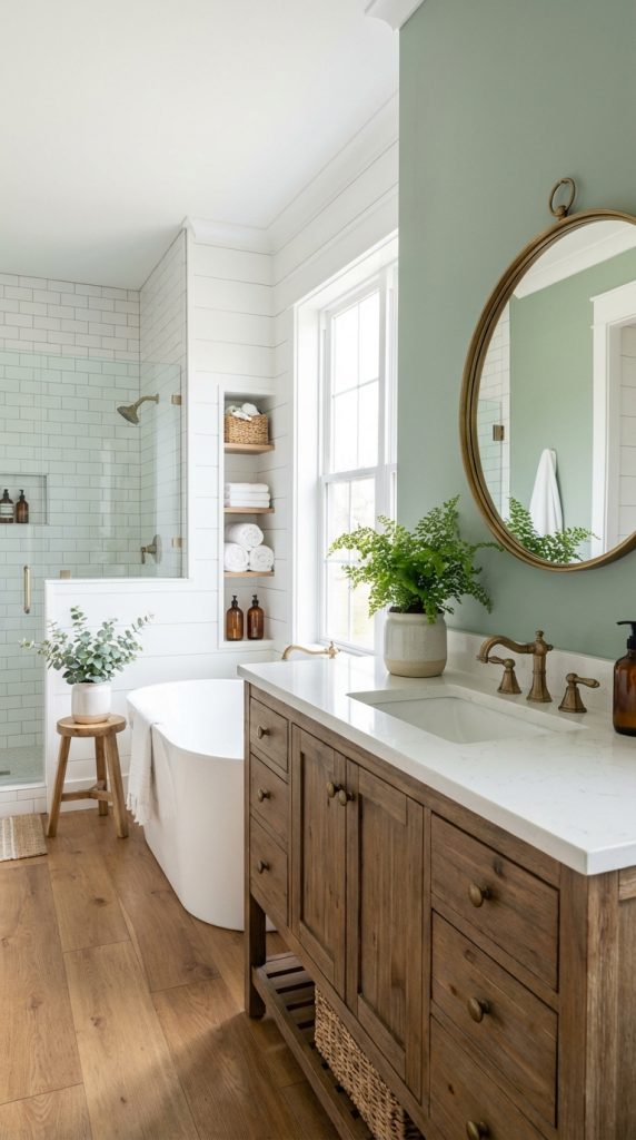 Farmhouse bathroom idea with furniture-style wood vanity, brass mirror, bridge faucet, white subway tile shower, and freestanding tub.