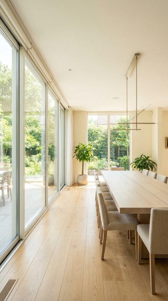Large dining room idea featuring expansive glass sliding doors, rectangular wood table, upholstered chairs, natural light, and garden views.