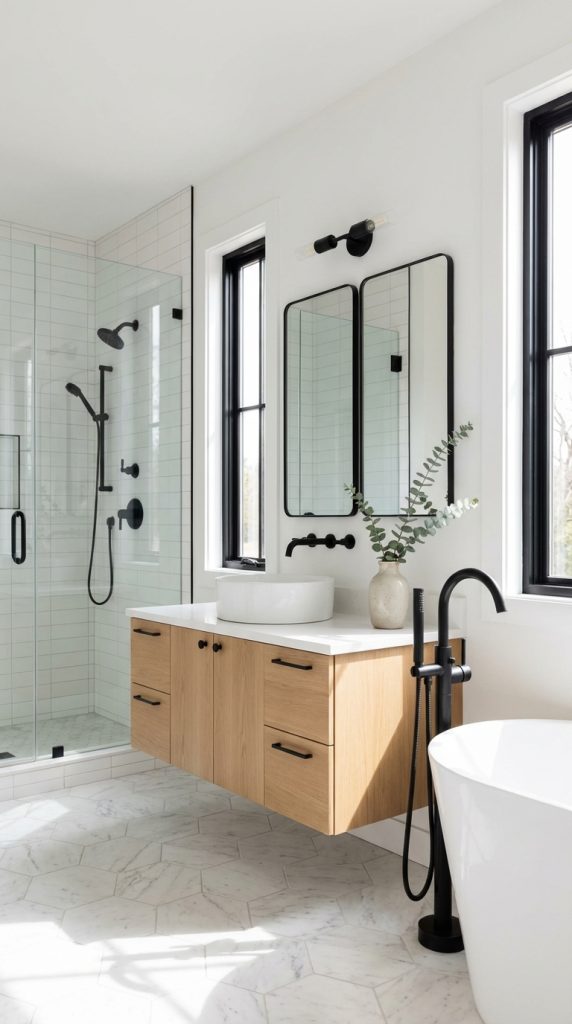 Contemporary farmhouse bathroom idea with floating wood cabinets, matte black fixtures, hex tile flooring, vessel sink, and glass shower enclosure.