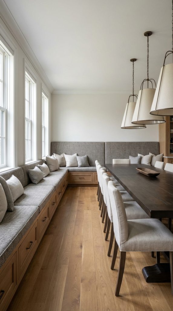 Large dining room idea with built-in banquette seating, dark wood trestle table, upholstered chairs, drum pendant lights, and wide plank wood flooring.