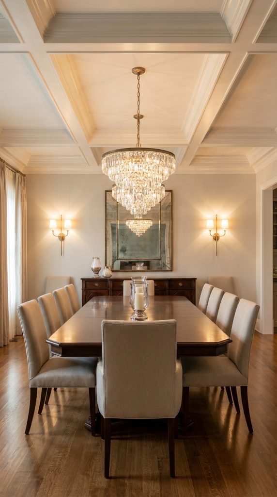 Large dining room idea with coffered ceiling, crystal chandelier, rectangular wood table, upholstered chairs, wall sconces, and traditional sideboard.