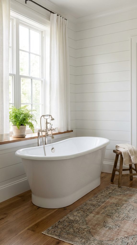 Freestanding oval soaking tub beneath large window with white shiplap walls, chrome telephone faucet, wood flooring, and rustic stool in a farmhouse bathroom idea.