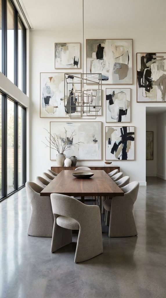 Large dining room idea with double-height gallery wall of abstract art, long wood table, sculptural upholstered chairs, geometric pendant light, and floor-to-ceiling windows.