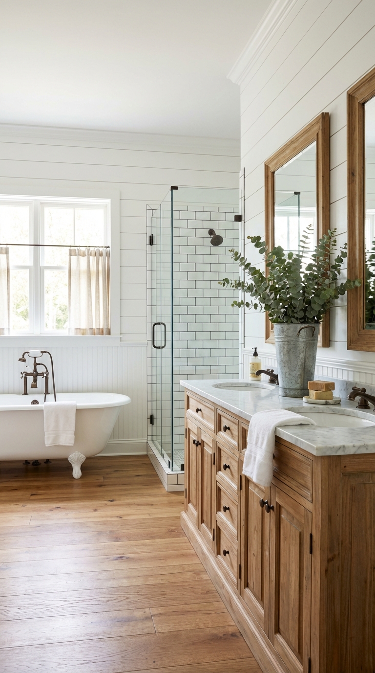 A bright and airy bathroom featuring a freestanding bathtub, a walk-in glass shower, and a wooden vanity with a marble countertop. There are three framed mirrors above the vanity, and a potted eucalyptus arrangement. The space has wooden floors and shiplap walls with natural light coming through the windows.