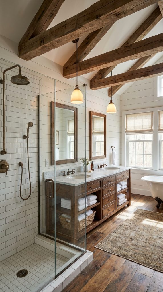 Exposed wood trusses above double wood vanity with marble countertop, framed mirrors, glass shower, and shiplap walls in a farmhouse bathroom idea.