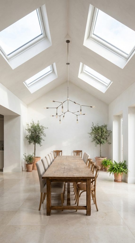 Large dining room idea with vaulted ceiling skylights, long rustic wood table, modern branched chandelier, stone floors, and potted olive trees.