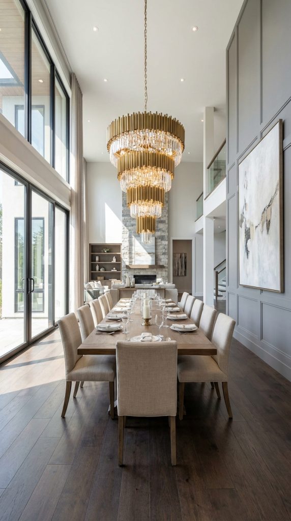 Large dining room idea with double-height ceiling, floor-to-ceiling windows, long wood table, beige upholstered chairs, and multi-tier brass crystal chandelier.