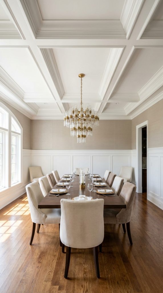 Large dining room idea with coffered ceiling, brass and glass chandelier, long wood dining table, upholstered chairs, white wainscoting, and hardwood floors.
