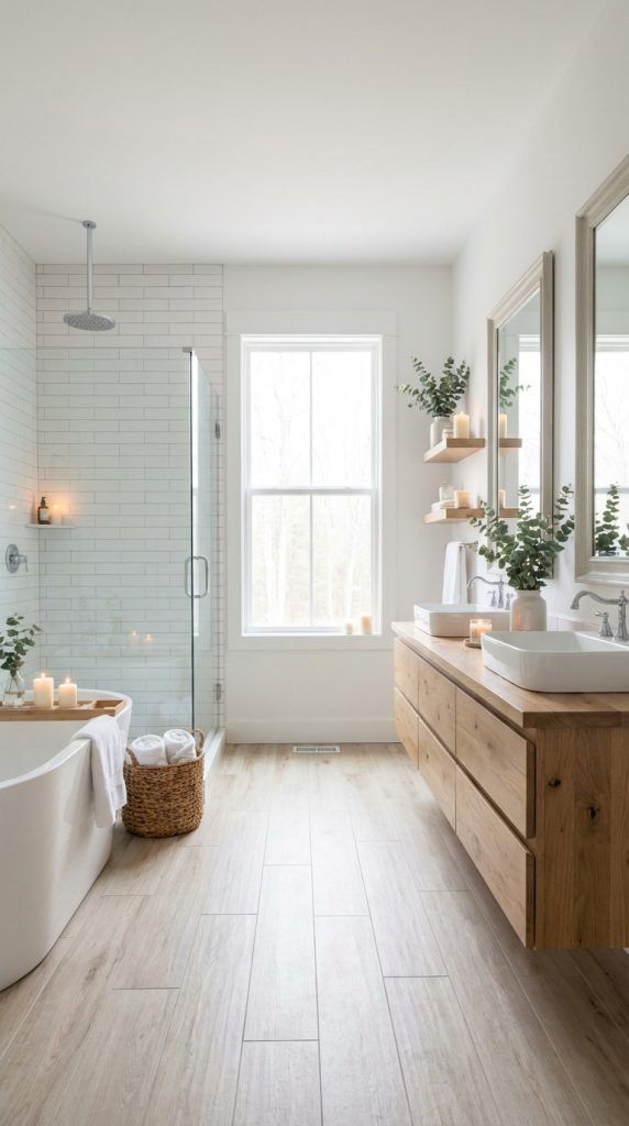 Farmhouse bathroom idea with floating oak vanity, vessel sinks, glass subway tile shower, freestanding tub, and light wood-look tile floors.