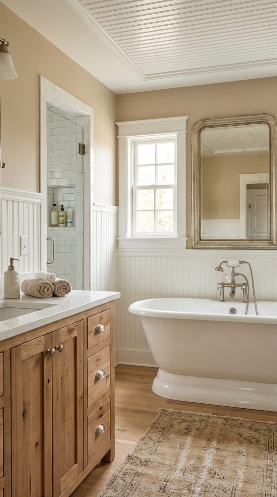 Neutral farmhouse bathroom idea with beadboard walls and ceiling, rustic wood vanity, freestanding tub, quartz countertop, and aged mirror frame.