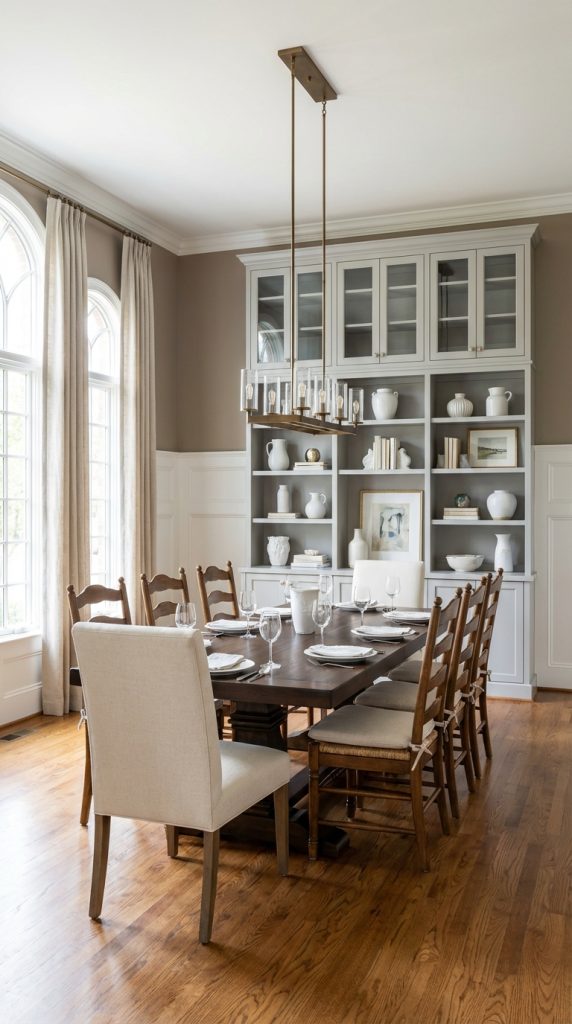 Large dining room idea featuring custom built-in wall cabinetry, rectangular wood table, mixed dining chairs, arched windows, and paneled wainscoting.