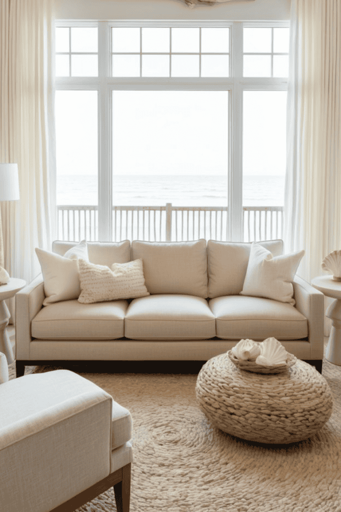 A cozy living room featuring a light beige sofa with decorative pillows, a round woven coffee table with seashells, and large windows offering a view of the ocean with a wooden railing outside, all complemented by soft curtains.