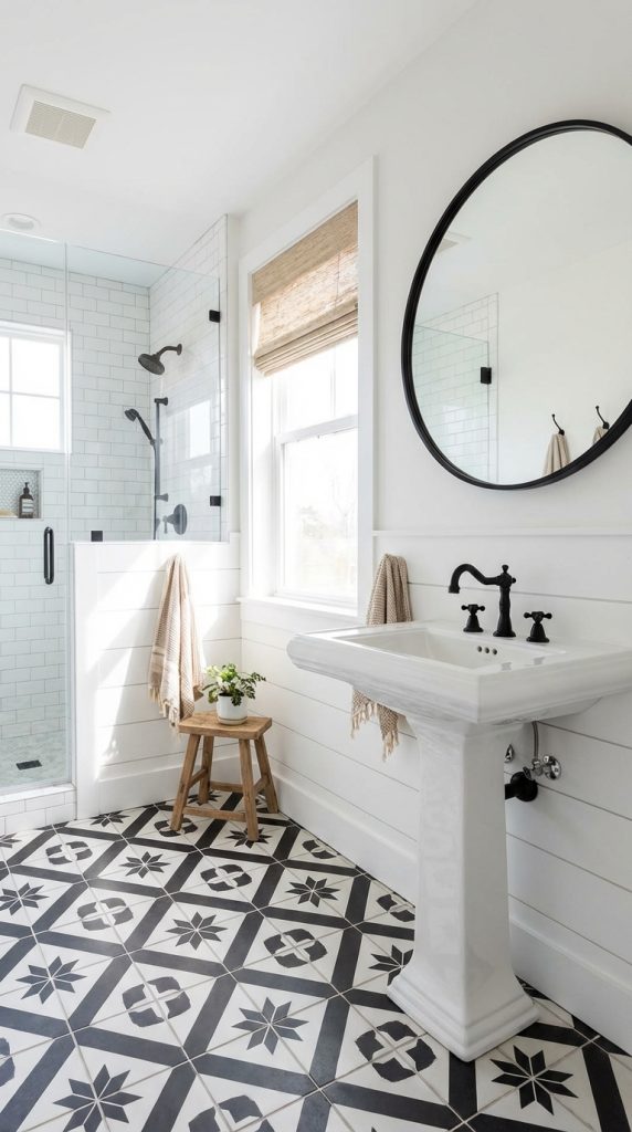 Black and white geometric encaustic floor tile anchors a farmhouse bathroom idea with pedestal sink, matte black faucet, shiplap walls, and glass subway tile shower.