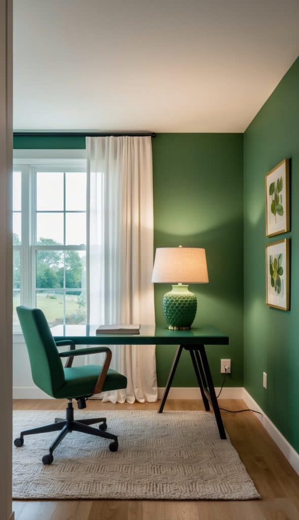 View of 28 Green Home Office Ideas To Create a Calming Oasis - We Heart Cozy