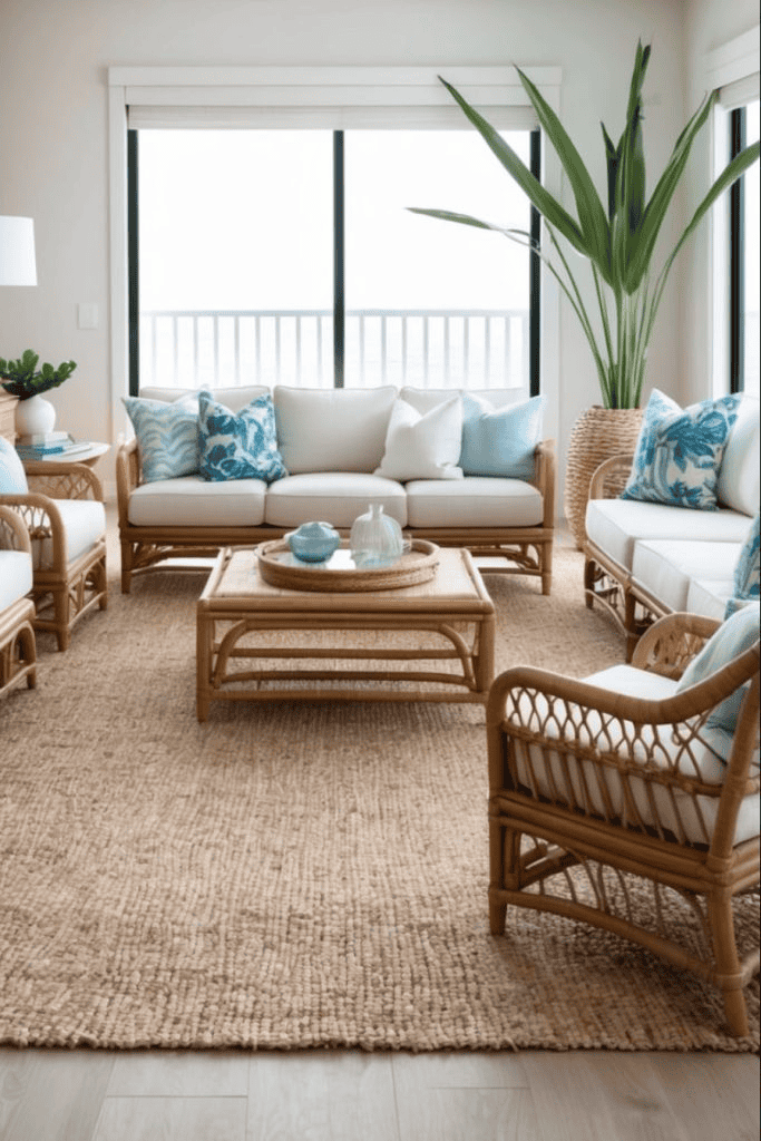 A cozy living room featuring light-colored rattan furniture with white cushions and turquoise accent pillows. There is a large area rug, a wooden coffee table with decorative items, and a tall potted plant near a window that offers a view of the outdoors.