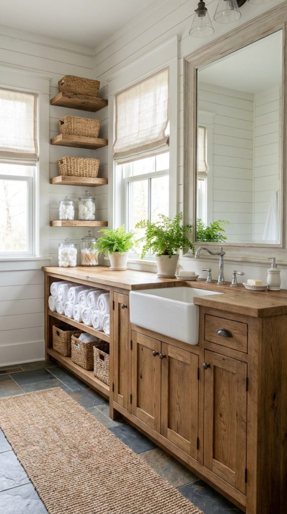 Farmhouse bathroom idea with oak vanity, apron-front sink, open wood shelving, woven storage baskets, shiplap walls, and slate tile flooring.
