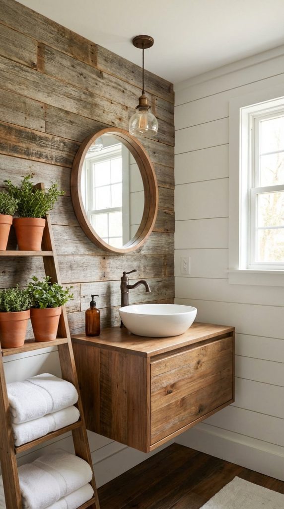 Reclaimed wood accent wall with floating wood vanity, white vessel sink, oil-rubbed bronze faucet, round mirror, and glass pendant light in a farmhouse bathroom idea.