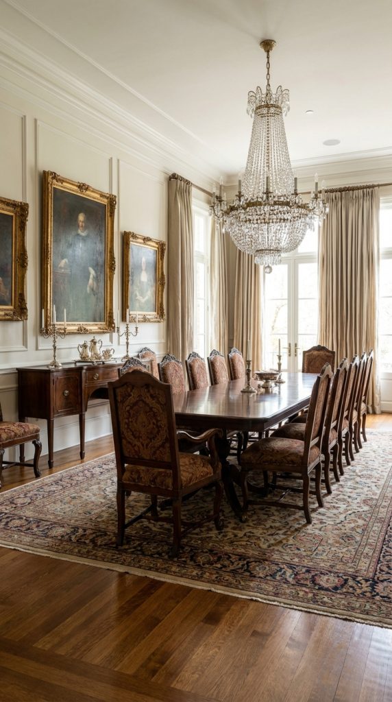 Large dining room idea featuring minimalist wood table, black molded dining chairs, geometric pendant light, sliding glass walls, and stone flooring.