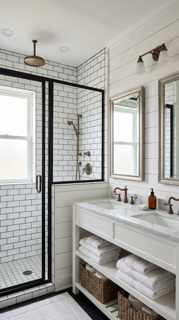 Black metal shower enclosure with subway tile, white marble vanity, brass fixtures, and shiplap walls in a farmhouse bathroom idea.