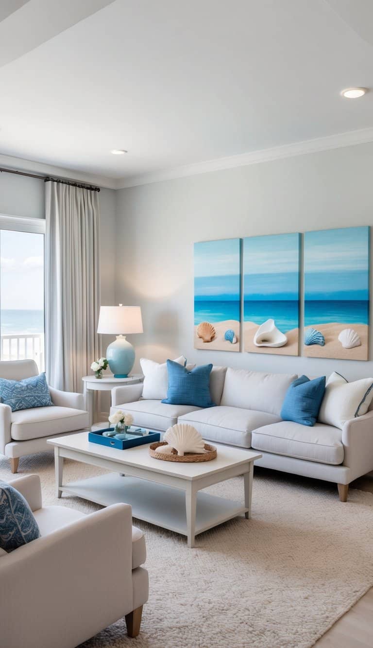 A serene coastal living room with ocean-inspired wall art, featuring soothing blue tones, seashells, and a sandy beach landscape