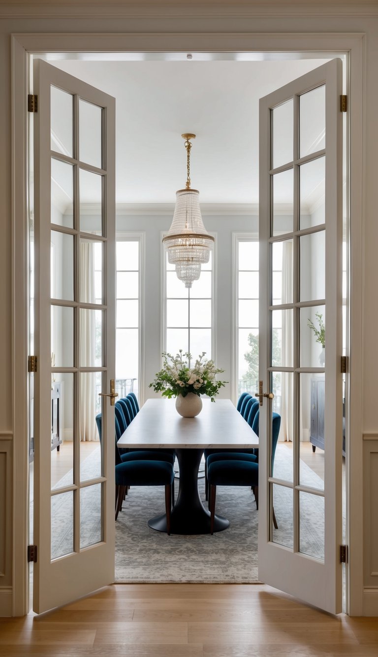 Large dining room idea featuring glass double doors, oval dining table, blue upholstered chairs, crystal chandelier, and classic wall paneling.