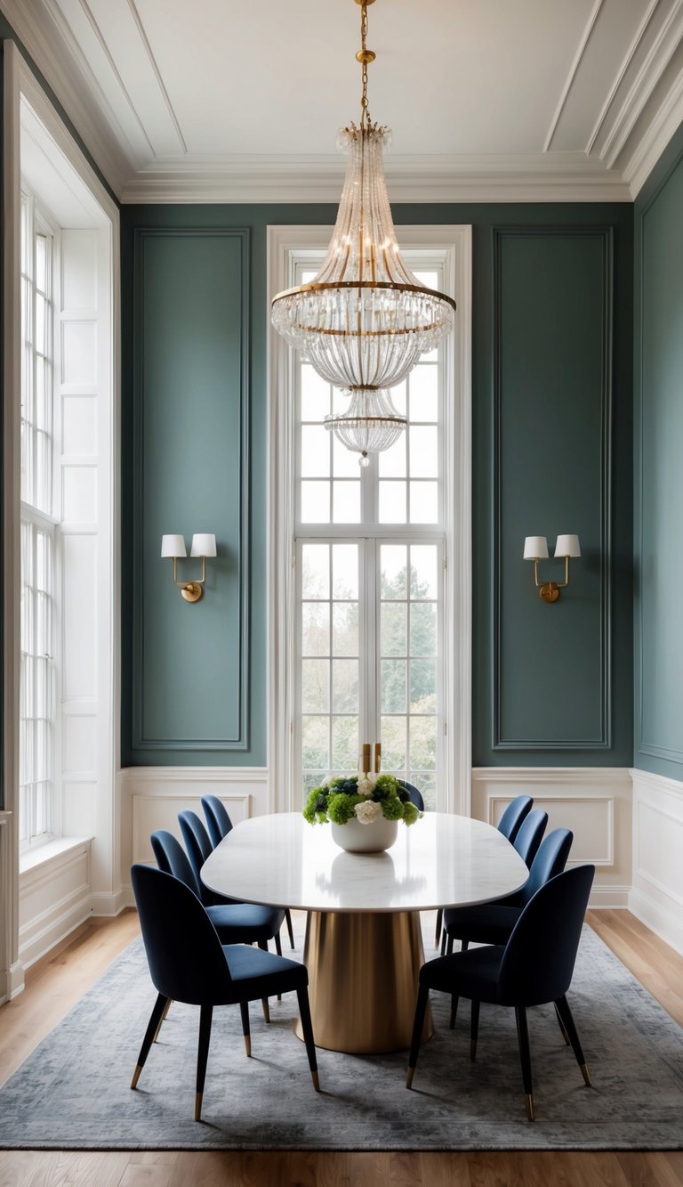 Large dining room idea featuring tall paneled walls, blue dining chairs, oval pedestal table, brass wall sconces, and large crystal chandelier.