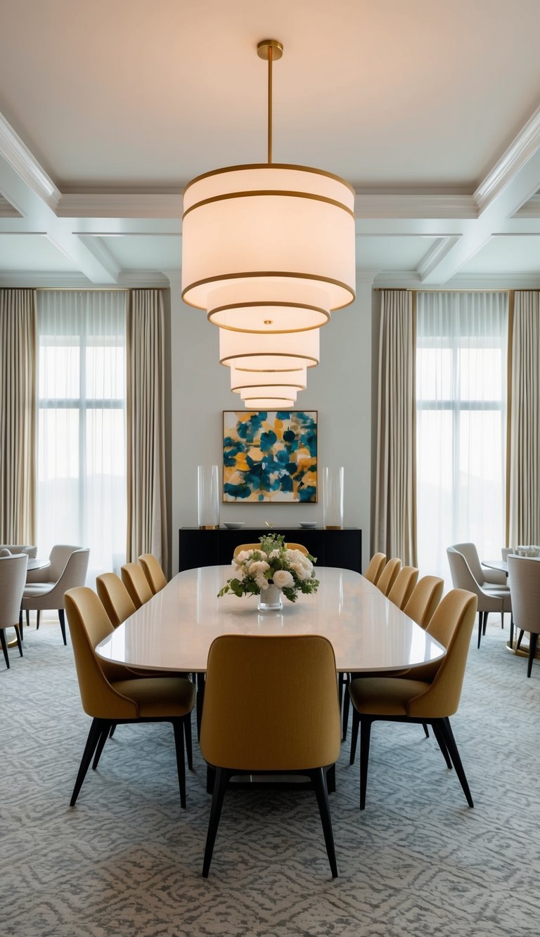 Large dining room idea featuring coffered ceiling, layered drum chandelier, long white oval table, gold-toned chairs, and symmetrical window drapery.