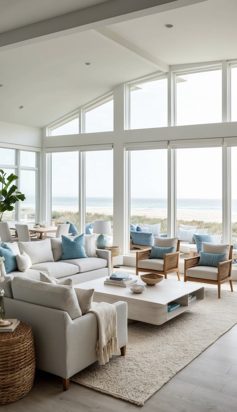 A coastal living room with light, airy decor, large windows, and a view of the beach