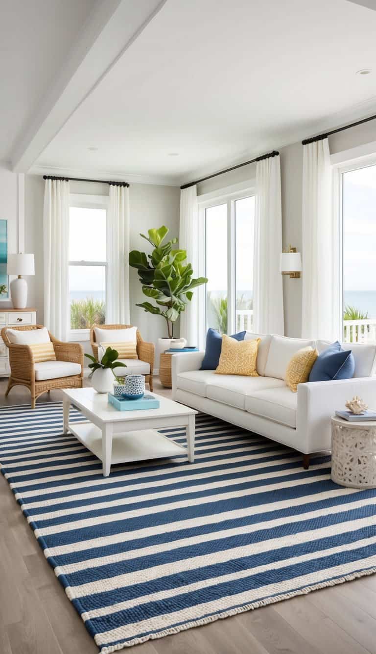 A nautical striped rug anchors a coastal living room with a relaxing beach vibe