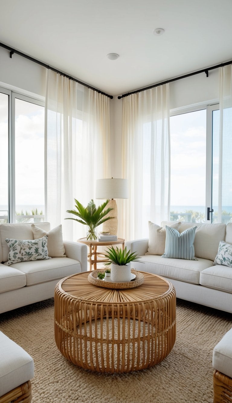 A rattan coffee table surrounded by coastal decor, with light, airy curtains billowing in the breeze