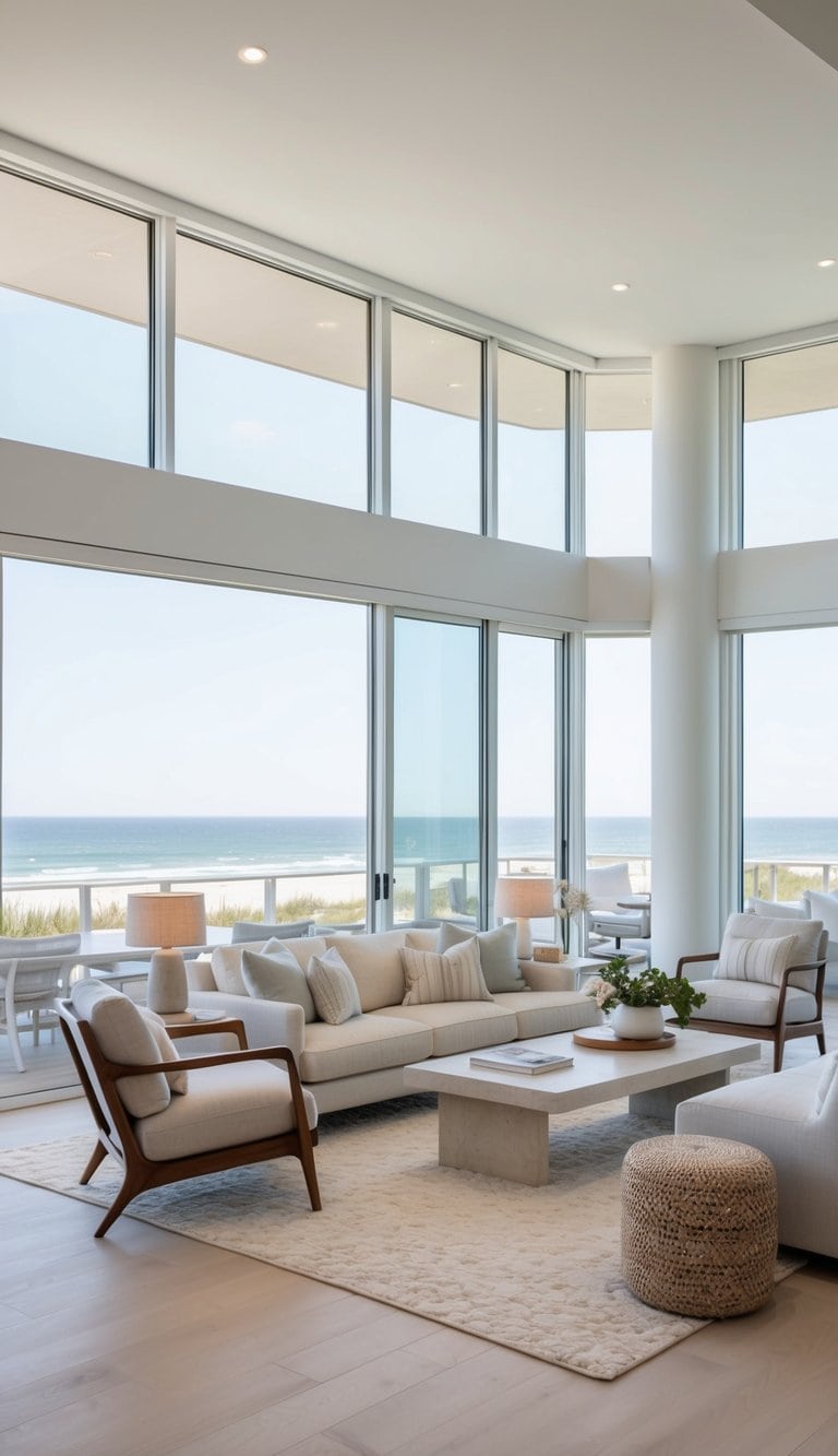 A beachfront living room with light, airy decor, soft neutral tones, and large windows overlooking the ocean