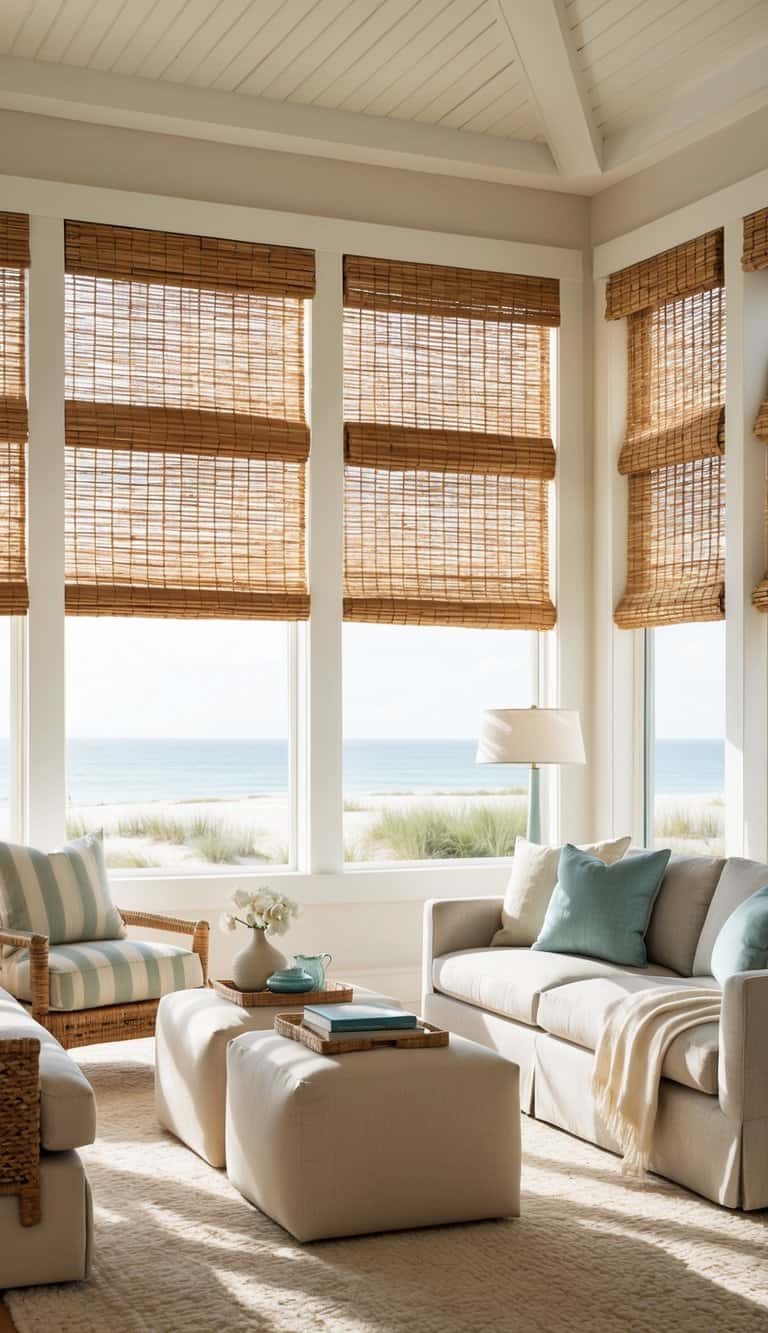 Sunlight streaming through bamboo window shades onto coastal living room with relaxed beach vibe