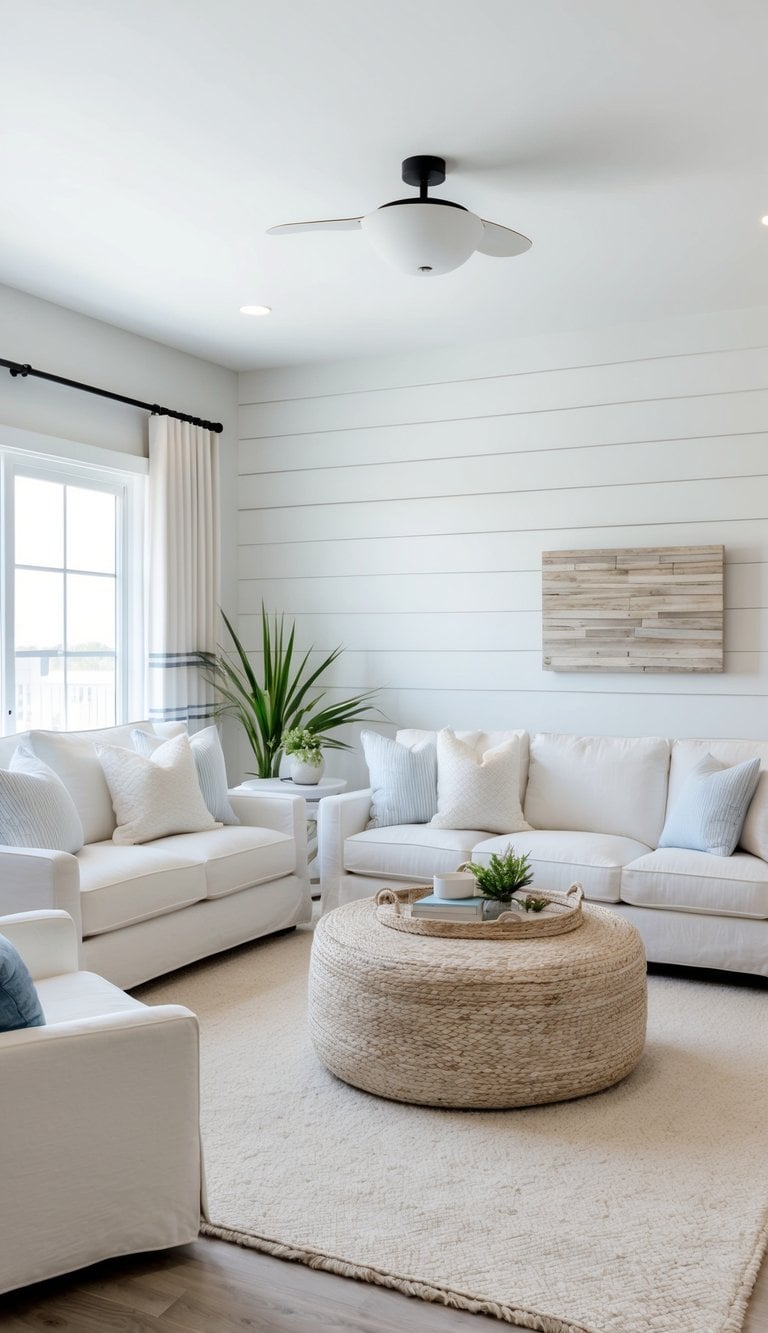 A cozy coastal living room with a shiplap accent wall, complete with light, airy decor and a relaxing beach vibe