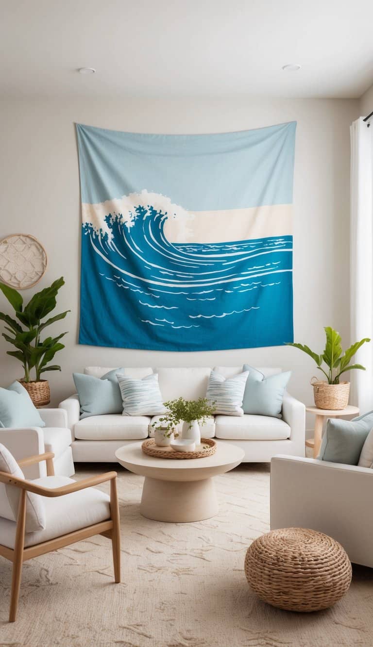 A serene coastal living room with an ocean wave tapestry, light-colored furniture, and natural decor accents