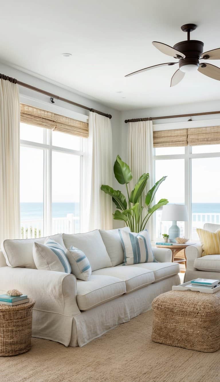A linen slipcover sofa sits in a coastal living room, surrounded by beach-inspired decor and natural light, creating a breezy and relaxing atmosphere