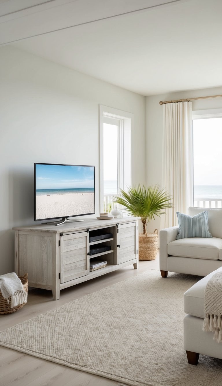 A bright, airy living room featuring a television on a light wooden media console displaying a beach scene, with a window showing a view of the ocean, a potted palm, and a cream-colored sofa adorned with a light blue striped cushion.