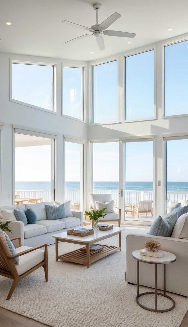 A coastal living room with light, airy decor, open windows, and a gentle ocean breeze flowing through