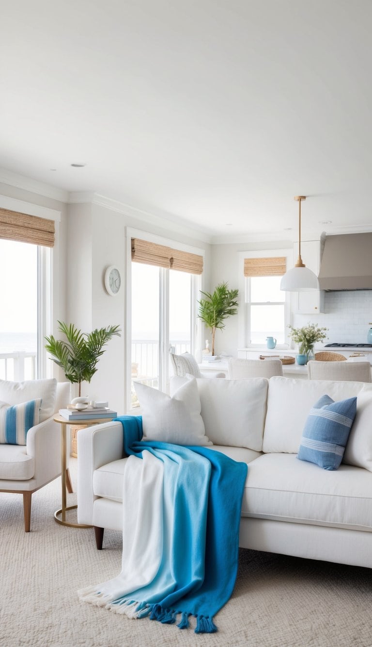 A cozy coastal living room with an ombre blue throw blanket draped over a white sofa, surrounded by light and airy decor