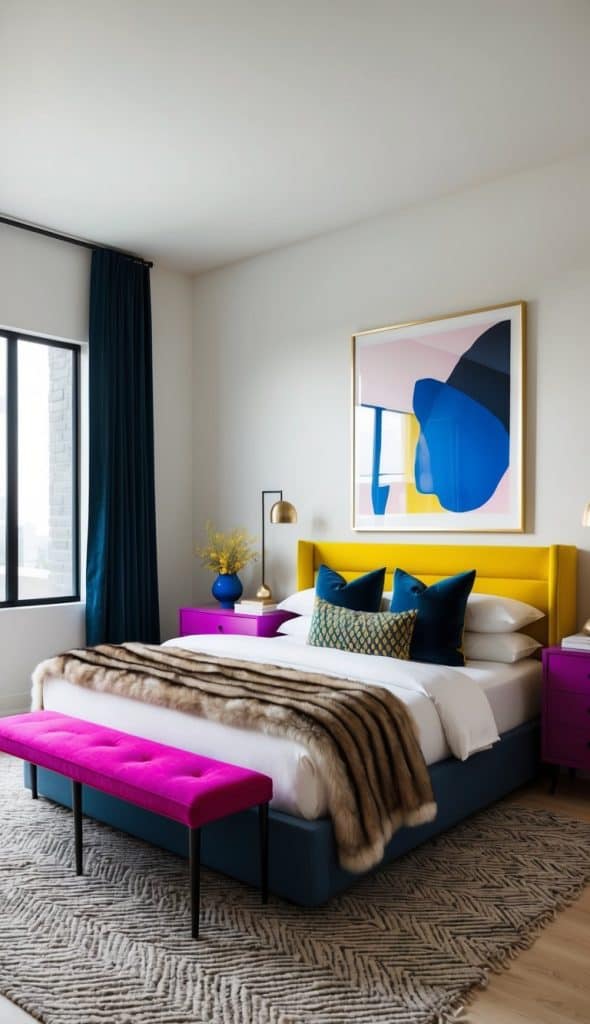 A stylish bedroom featuring a bed with a bright yellow headboard, adorned with colorful pillows in shades of blue and green. A pink velvet bench is positioned at the foot of the bed, while a patterned rug covers the floor. The room includes large windows with dark curtains, modern side tables in vibrant purple, and a piece of abstract artwork on the wall.