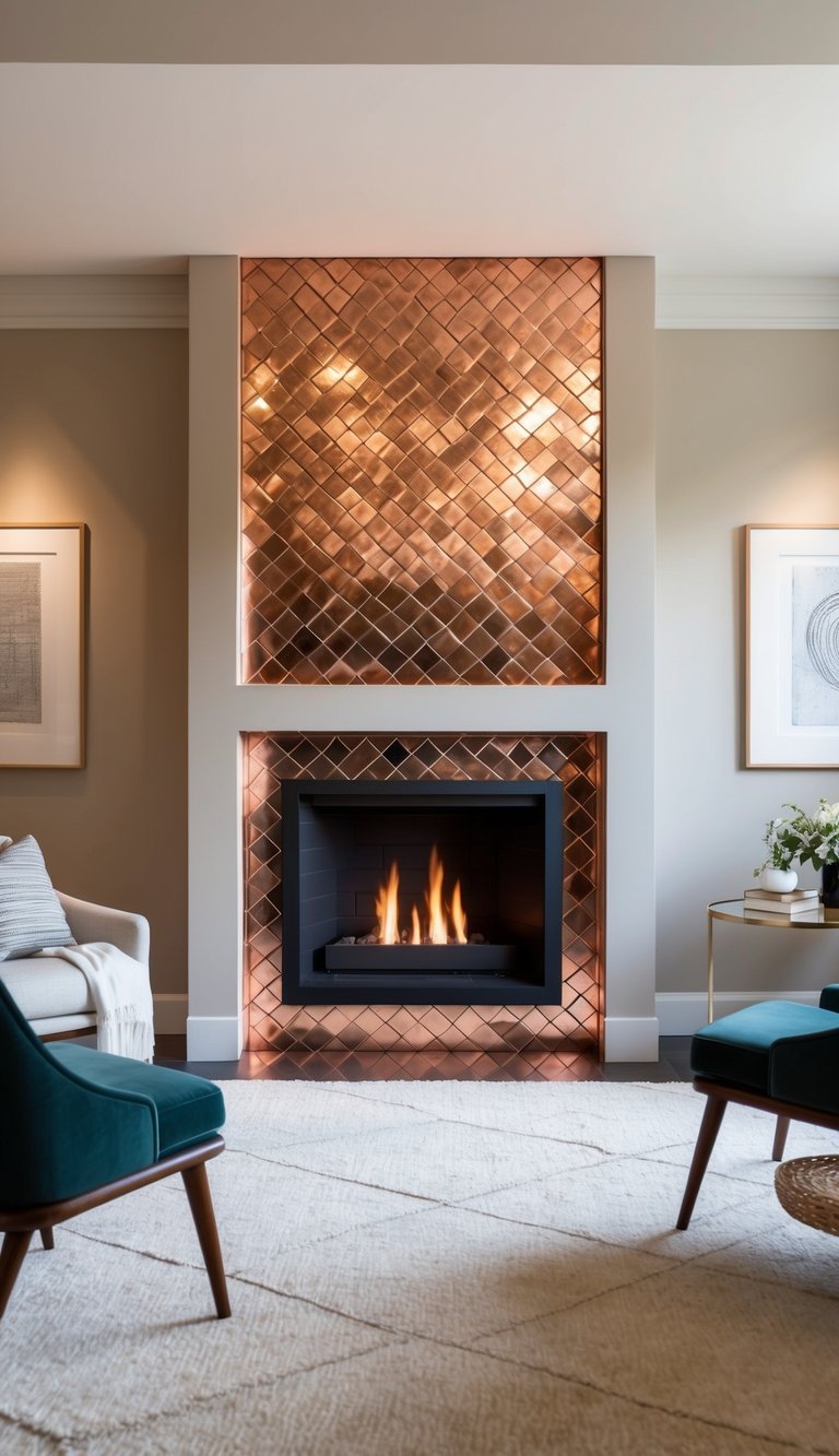 Fireplace with reflective copper tile surround in a diamond layout, adding warmth and elegance to a modern neutral room.