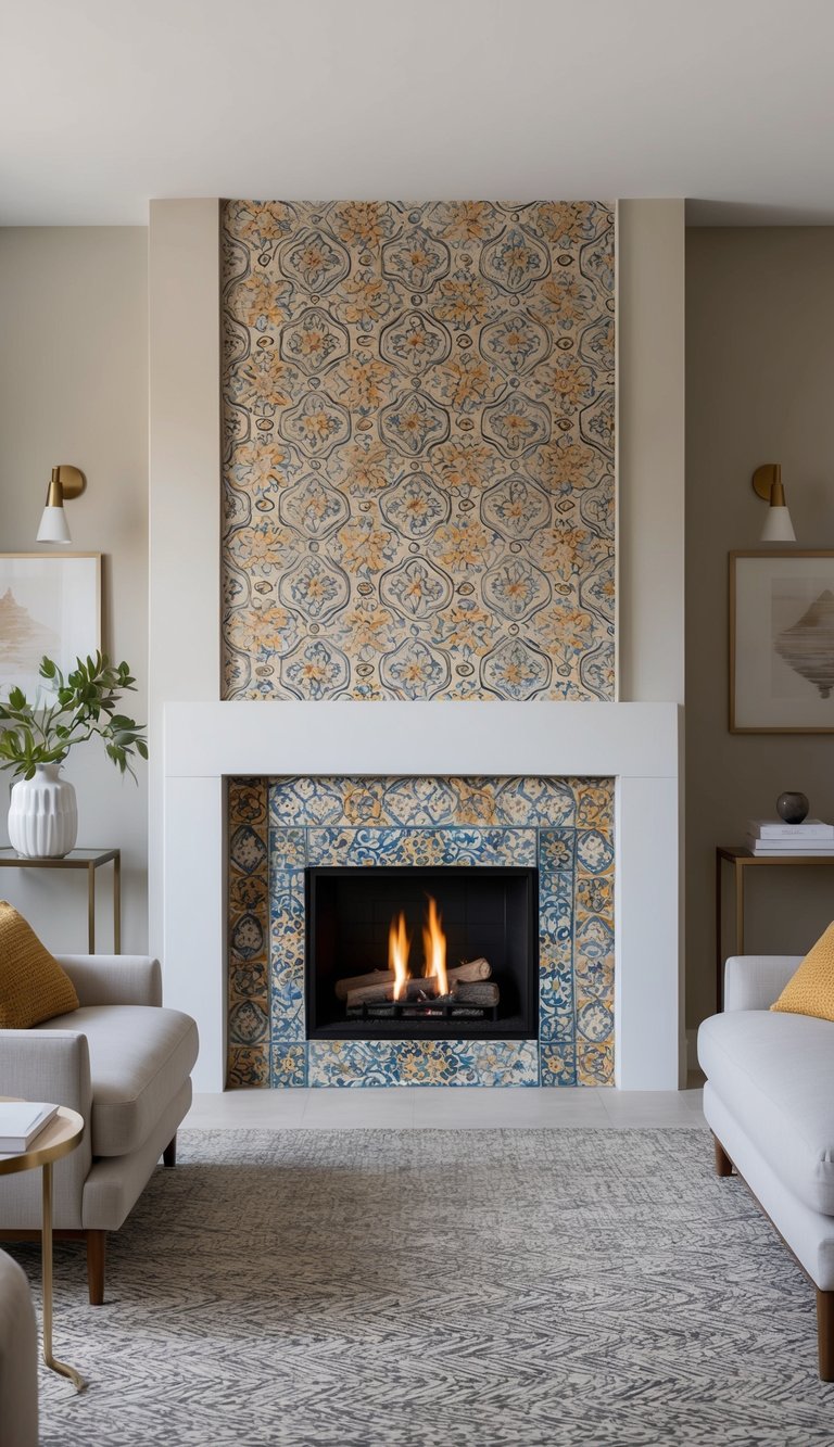 Mediterranean-style fireplace with full tile surround featuring vine and floral ceramic patterns in warm ochre and slate blue.