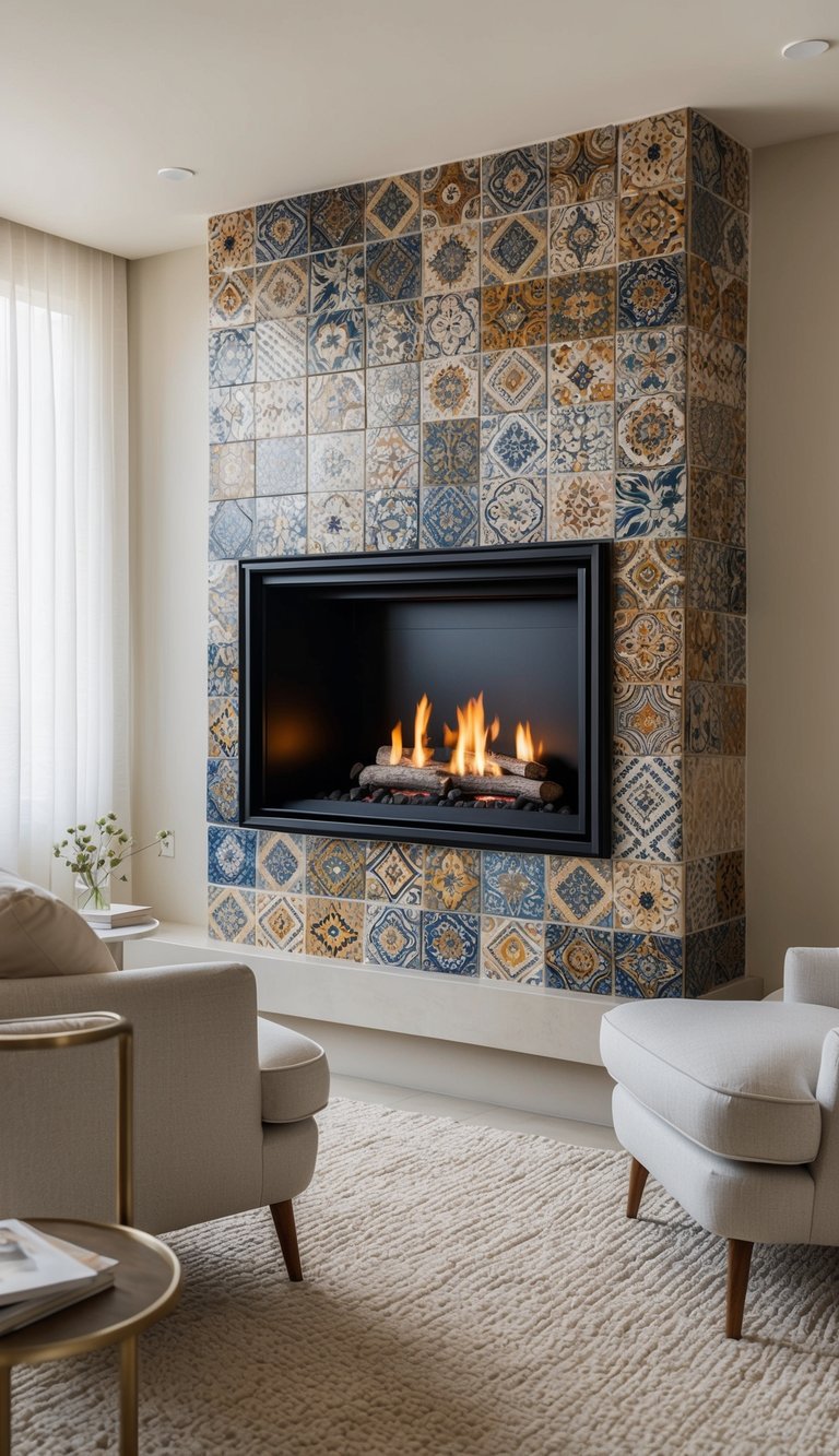 Fireplace surrounded by traditional encaustic-look ceramic tiles in blue and ochre tones with a full wrap design.
