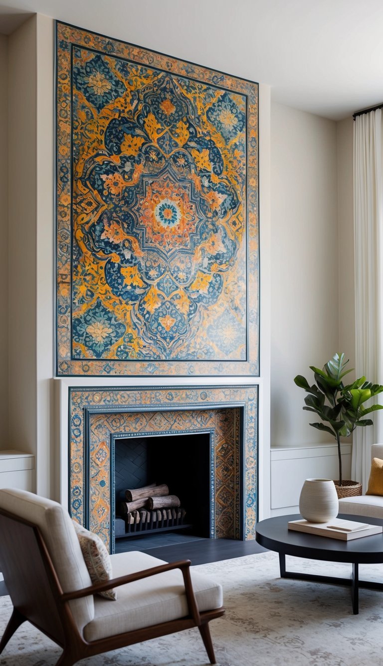 Fireplace tile surround inspired by Safavid Persian tilework, featuring a symmetrical medallion and arabesque motif in ceramic.