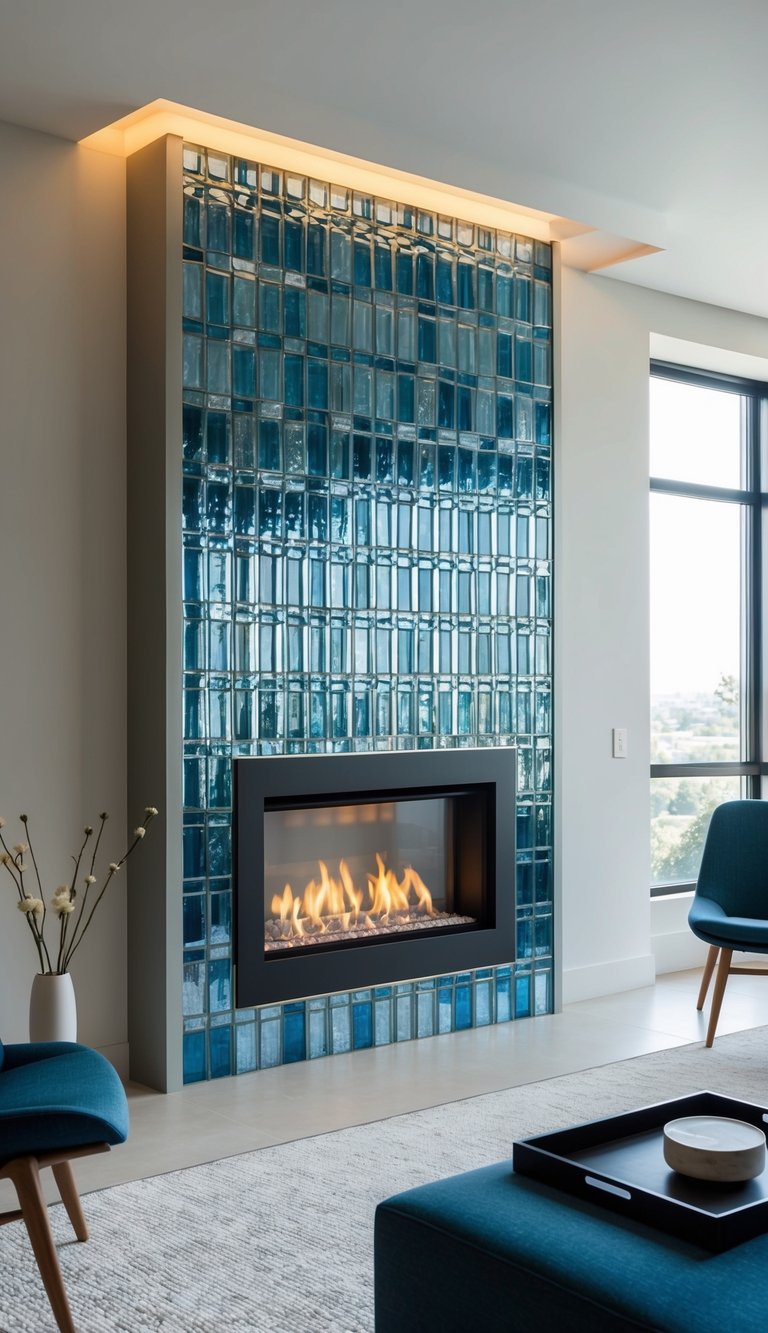 Contemporary gas fireplace with full-height blue glass tile surround resembling water, framed with clean architectural trim.