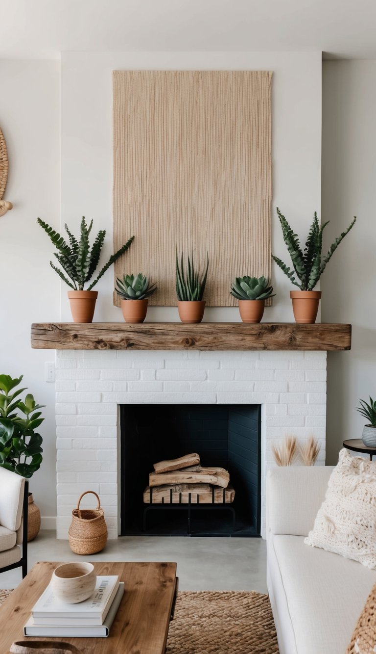 Whitewashed brick fireplace with a thick timber mantel and terracotta pots topped with desert succulents.