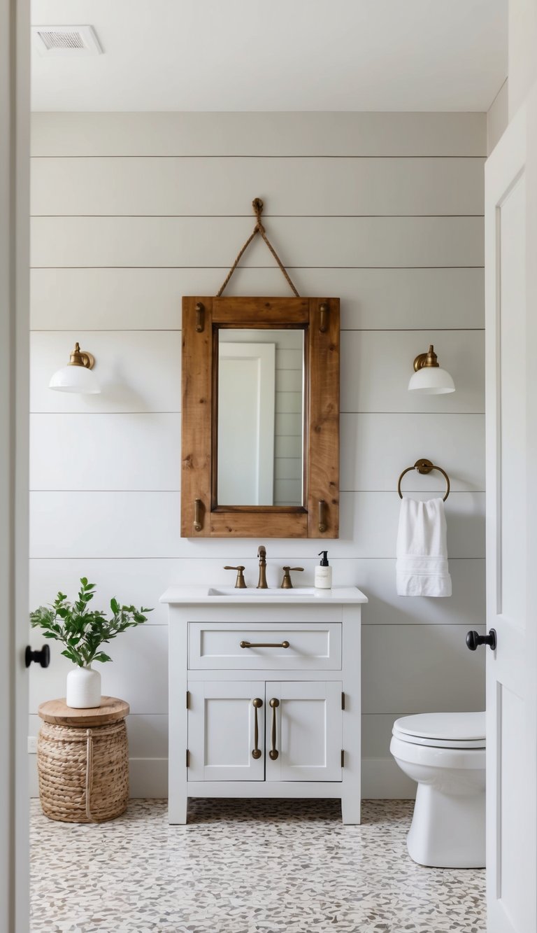 Farmhouse bathroom idea with rope-hung wood mirror, white shaker vanity, brass fixtures, shiplap walls, and terrazzo tile flooring.