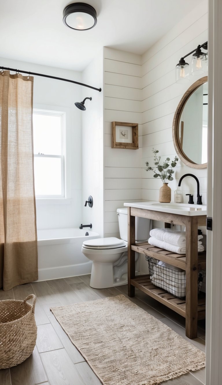Farmhouse bathroom idea with open wood vanity, round wood mirror, black faucet, shiplap walls, and bathtub with linen shower curtain.